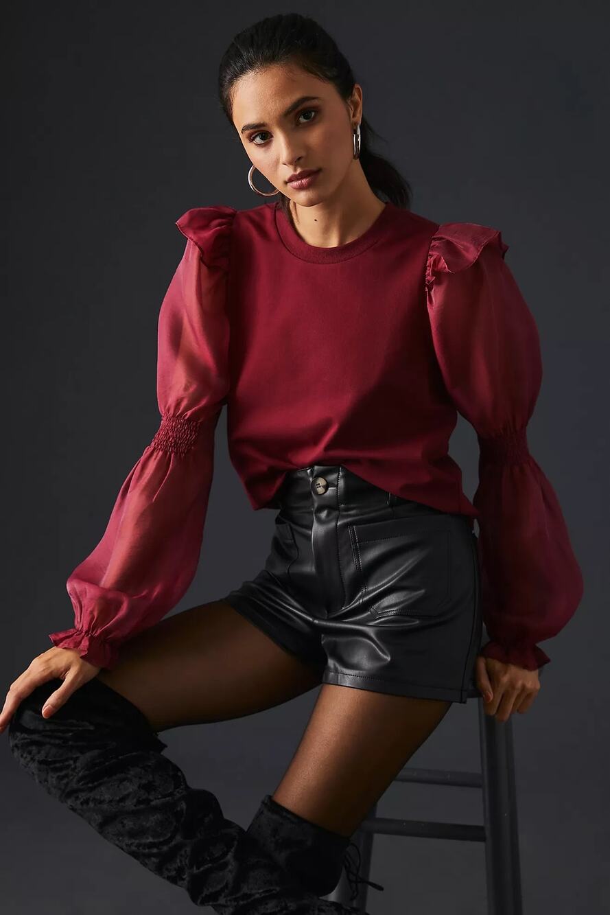 Anthropologie Ruffled Puff sheer Sleeve Blouse deep red romantic Victorian large